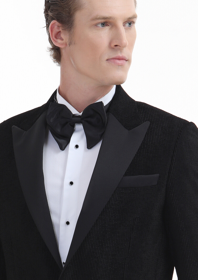 Black Patterned Thin&Taller Slim Fit Double Breasted Collar Weaving Tuxedo - 4