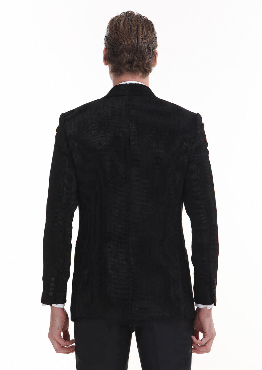 Black Patterned Thin&Taller Slim Fit Double Breasted Collar Weaving Tuxedo - 6