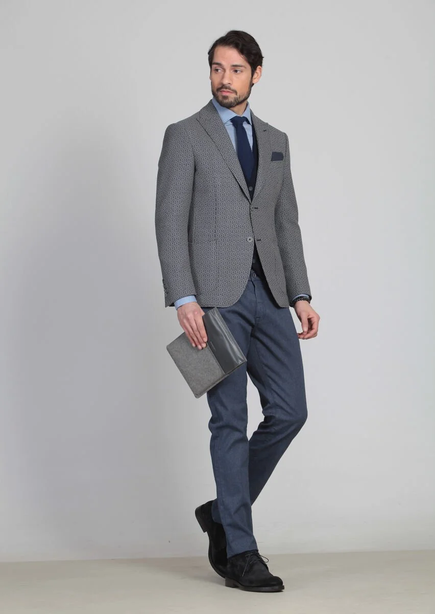 Black Patterned Zeroweight Slim Fit 100% Wool Jacket - 2