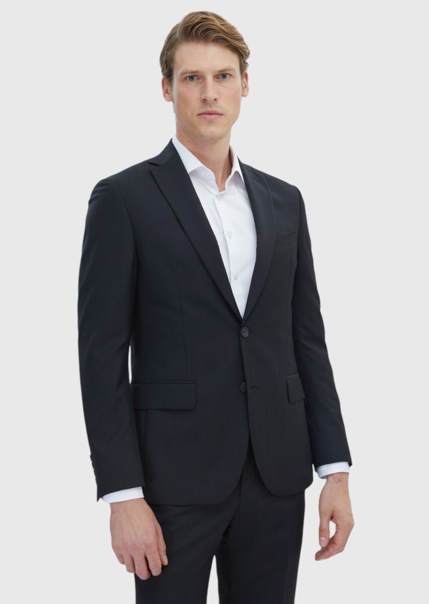 Black Patterned Zeroweight Slim Fit 100% Wool Suit - 1