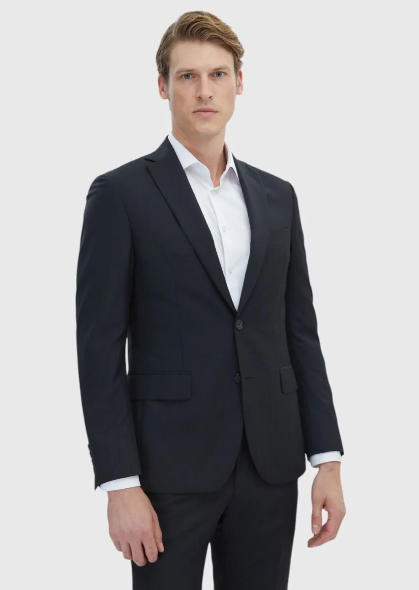 Black Patterned Zeroweight Slim Fit 100% Wool Suit - 1