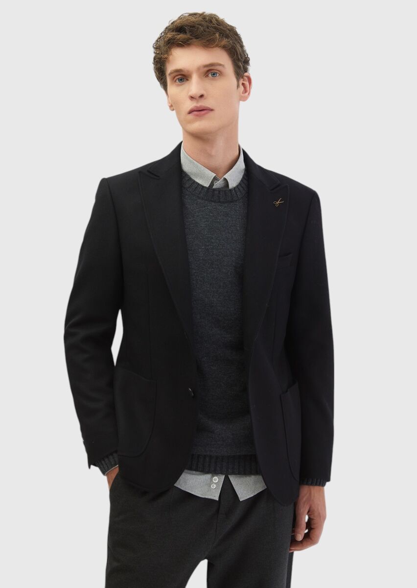 Black Patterned Zeroweight Slim Fit Wool Blended Jacket - 1