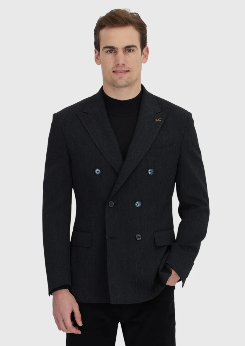 Black Patterned Zeroweight Slim Fit Wool Blended Jacket - RAMSEY