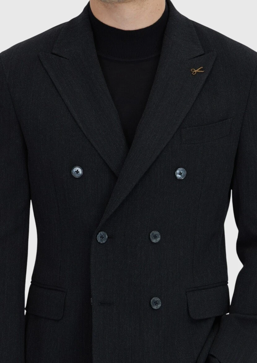 Black Patterned Zeroweight Slim Fit Wool Blended Jacket - 5