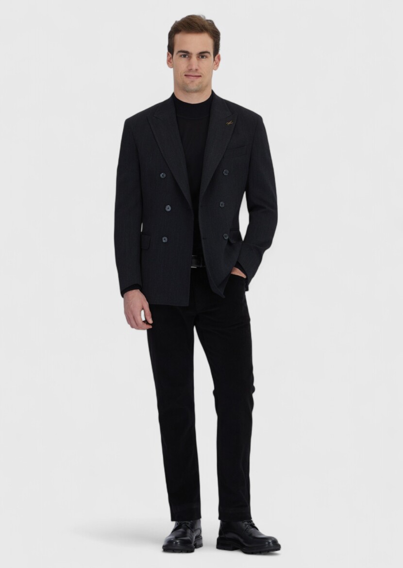 Black Patterned Zeroweight Slim Fit Wool Blended Jacket - RAMSEY