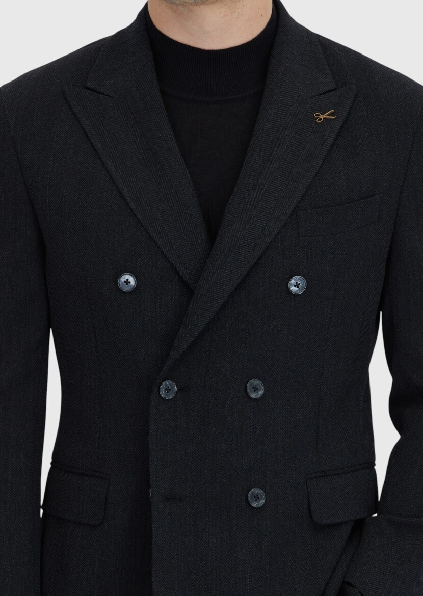 Black Patterned Zeroweight Slim Fit Wool Blended Jacket - 5
