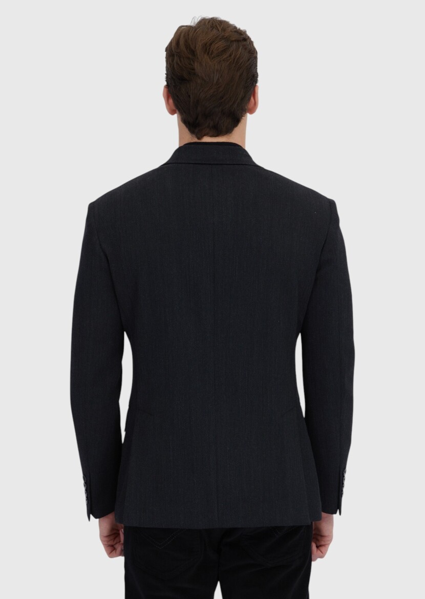 Black Patterned Zeroweight Slim Fit Wool Blended Jacket - 6