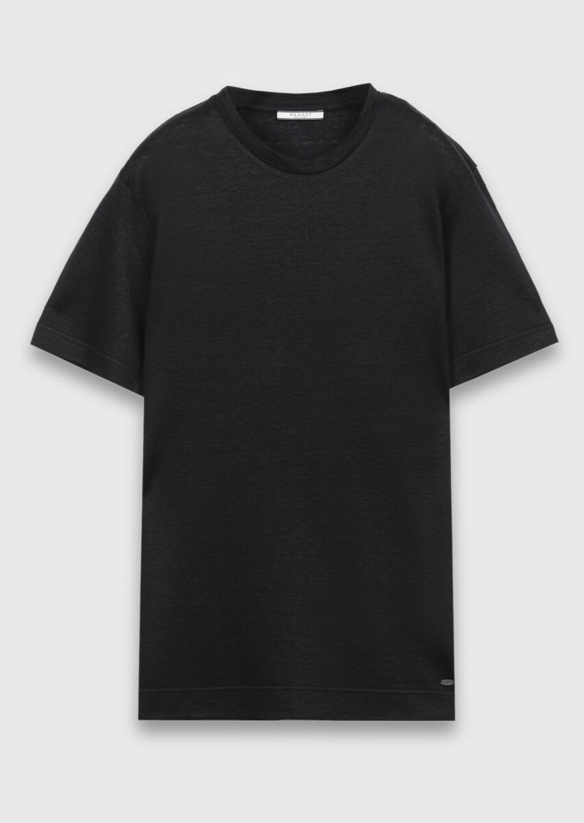 Black Plain 100% Linen T-Shirt - 5