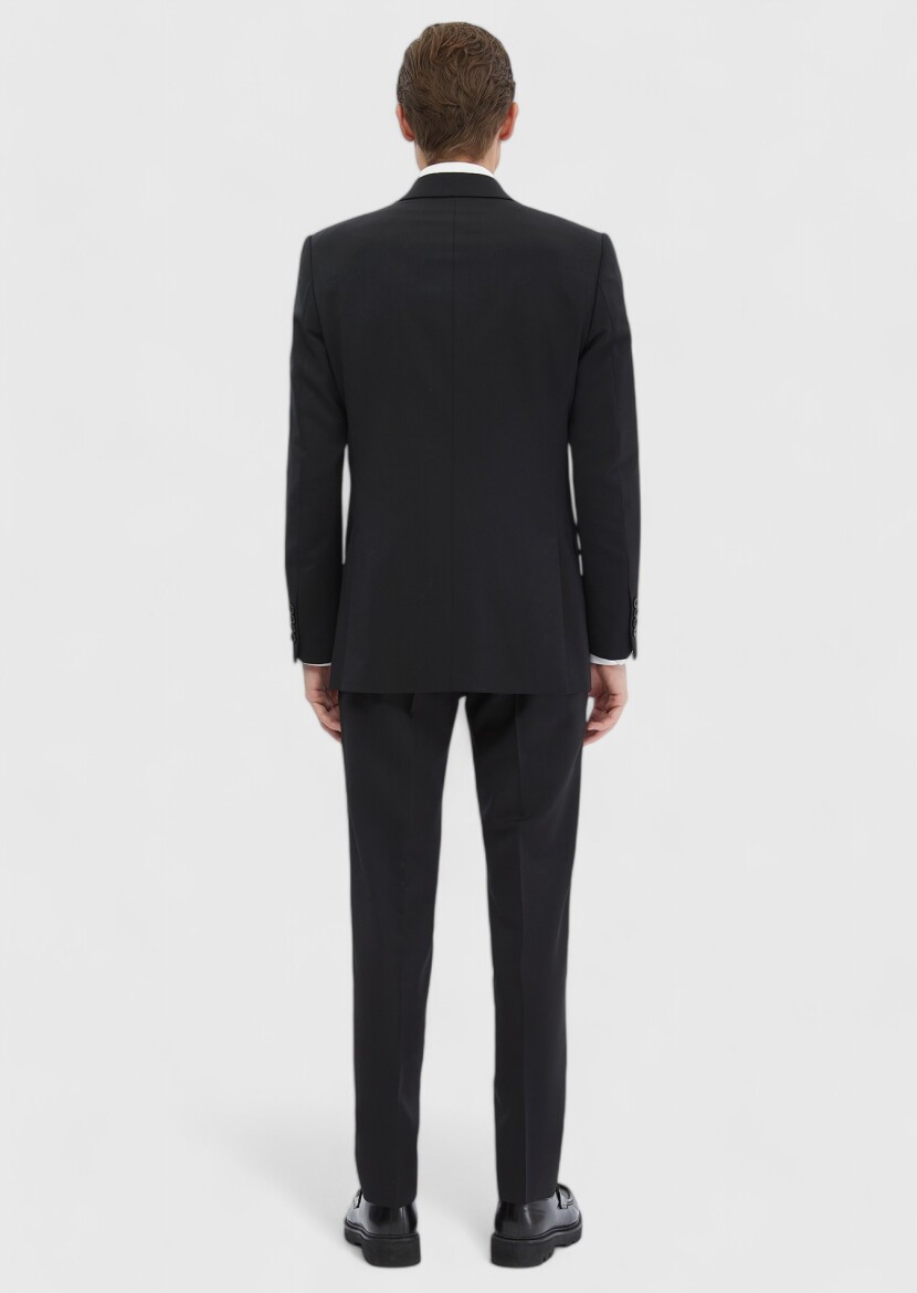 Black Plain 100% Wool Suit - 7