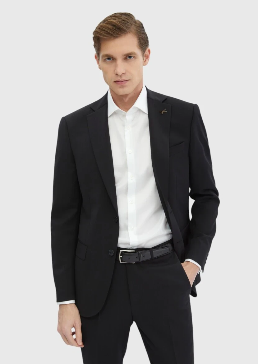 Black Plain 100% Wool Suit - 3