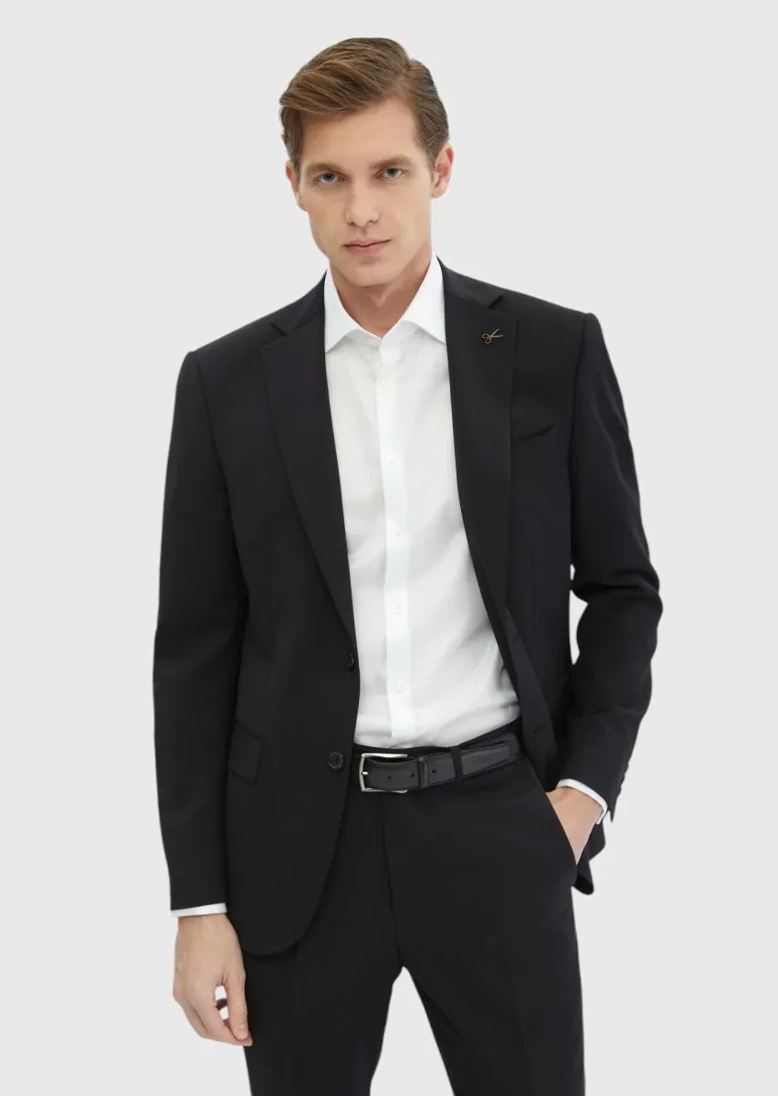 Black Plain 100% Wool Suit - 3