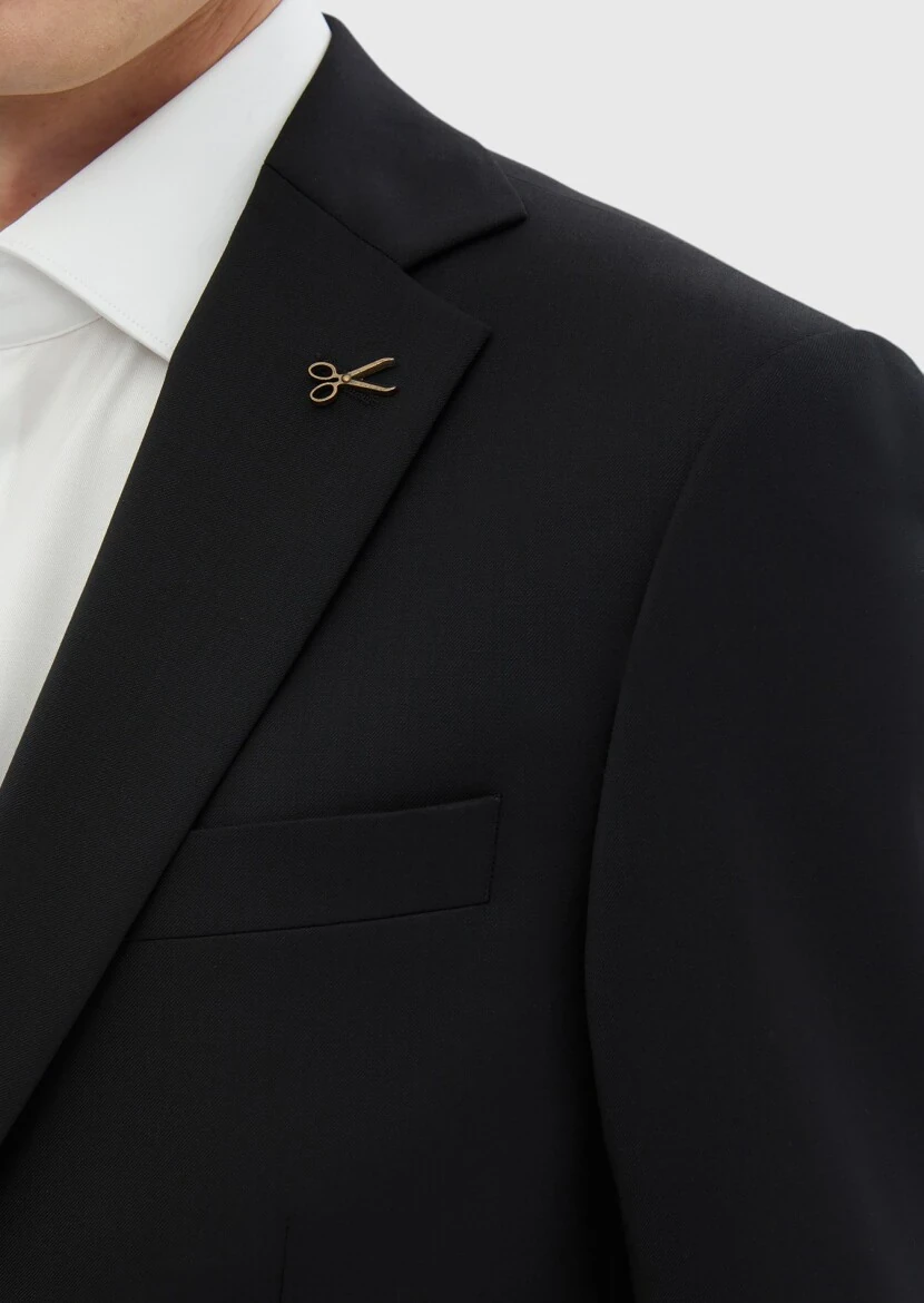 Black Plain 100% Wool Suit - 6