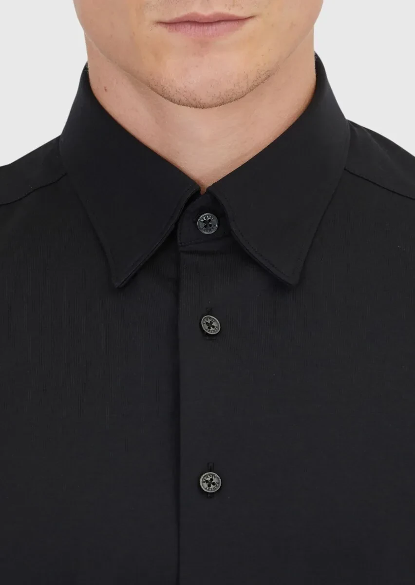 Black Plain Casual Fit Knitting Casual Cotton Blended Shirt - 3