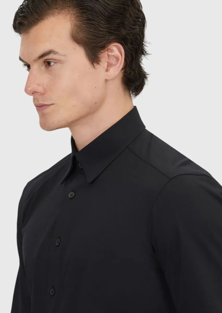 Black Plain Casual Fit Knitting Casual Cotton Blended Shirt - 4