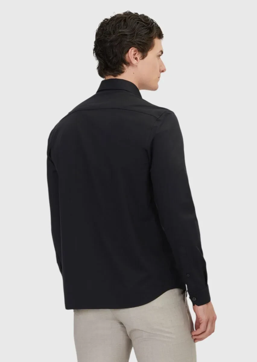 Black Plain Casual Fit Knitting Casual Cotton Blended Shirt - 5