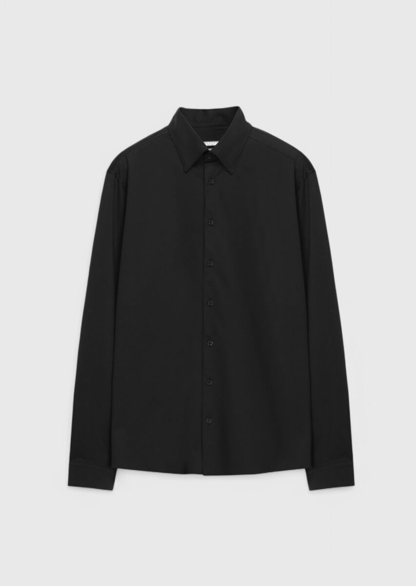 Black Plain Casual Fit Knitting Casual Cotton Blended Shirt - 6