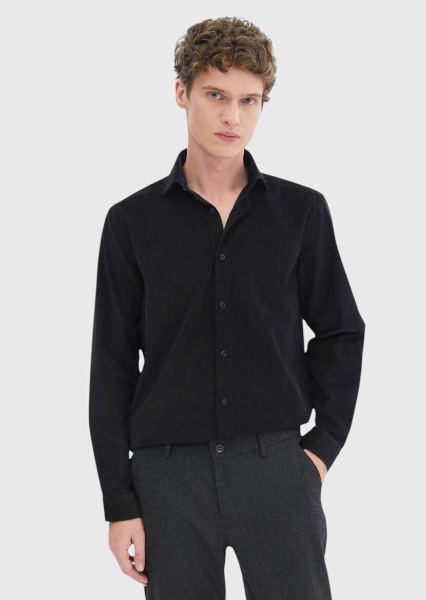 Black Plain Casual Fit Long Weaving Casual 100% Cotton Shirt - 1