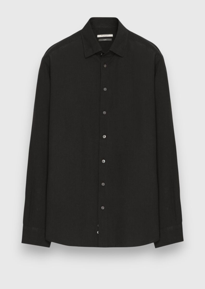 Black Plain Casual Fit Long Weaving Casual 100% Cotton Shirt - 6