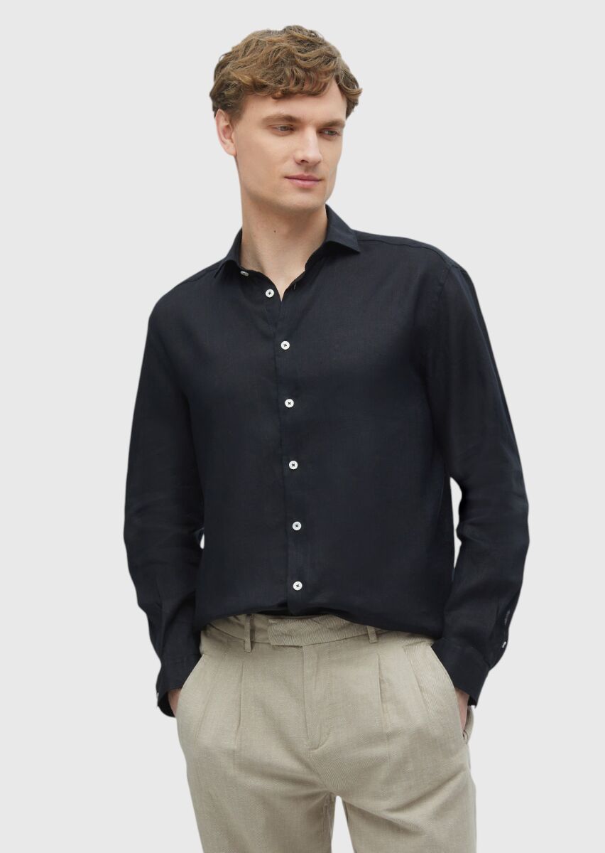 Black Plain Casual Fit Long Weaving Casual 100% Linen Shirt - 1