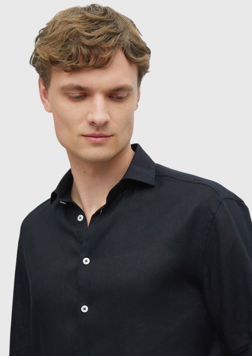 Black Plain Casual Fit Long Weaving Casual 100% Linen Shirt - 3