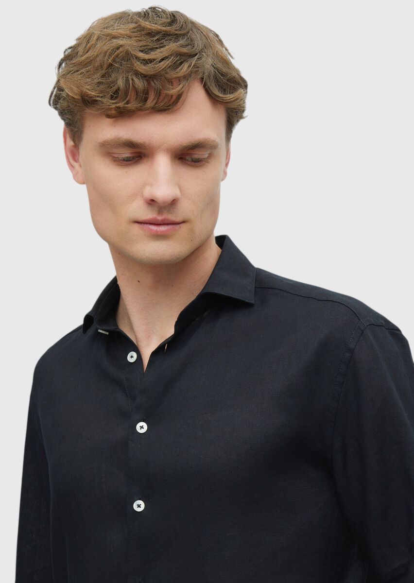 Black Plain Casual Fit Long Weaving Casual 100% Linen Shirt - 3