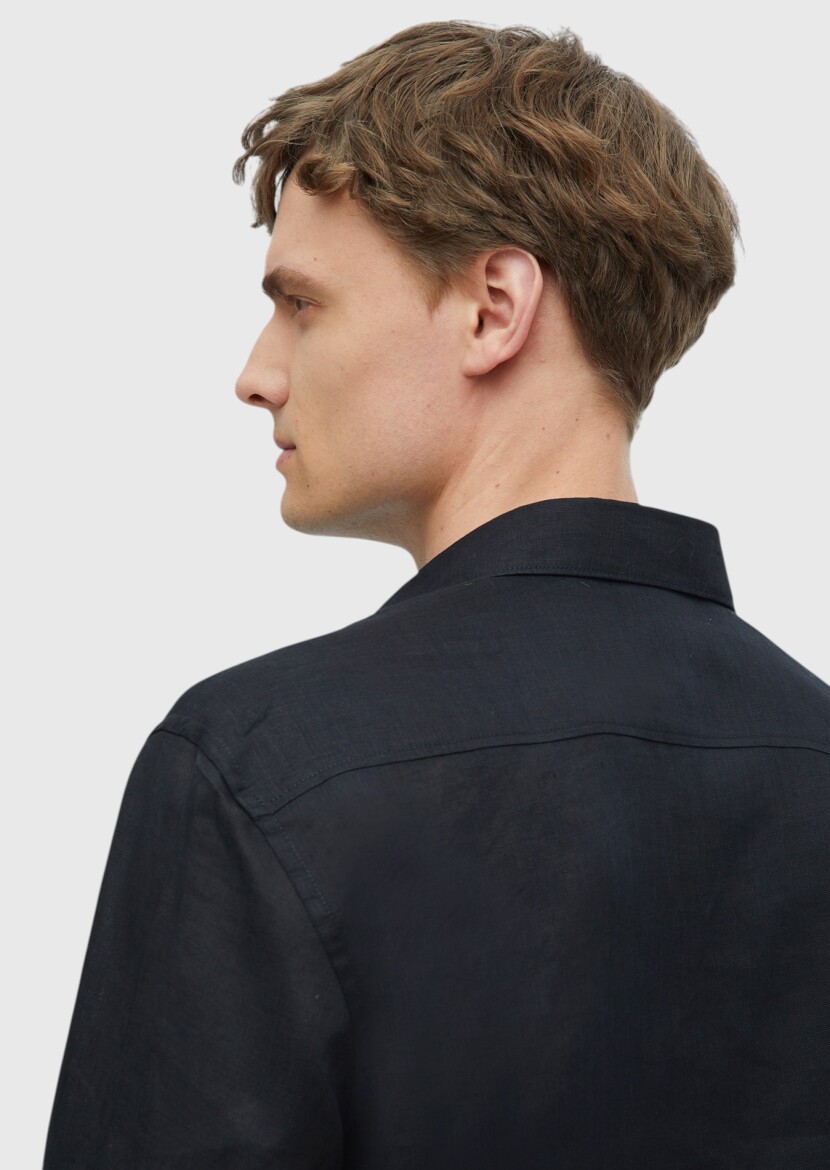 Black Plain Casual Fit Long Weaving Casual 100% Linen Shirt - 5