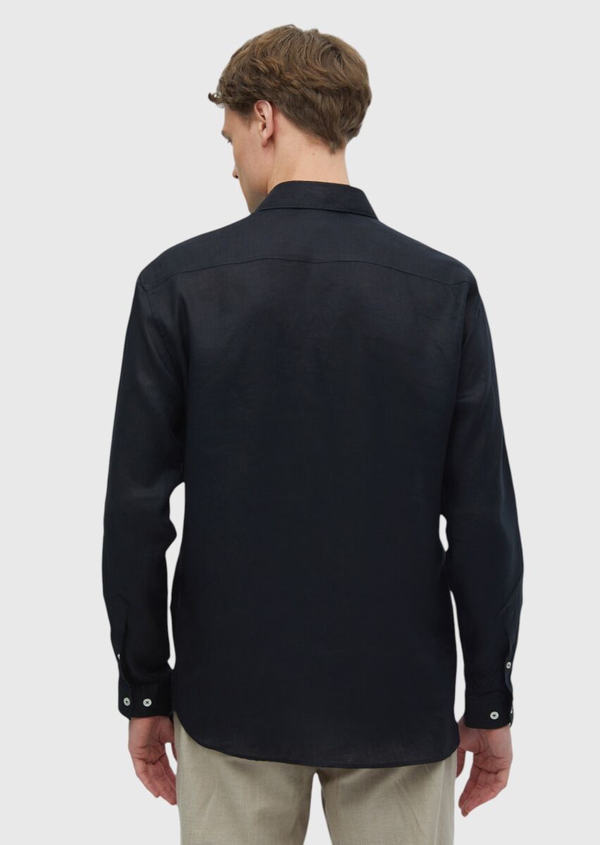 Black Plain Casual Fit Long Weaving Casual 100% Linen Shirt - 6