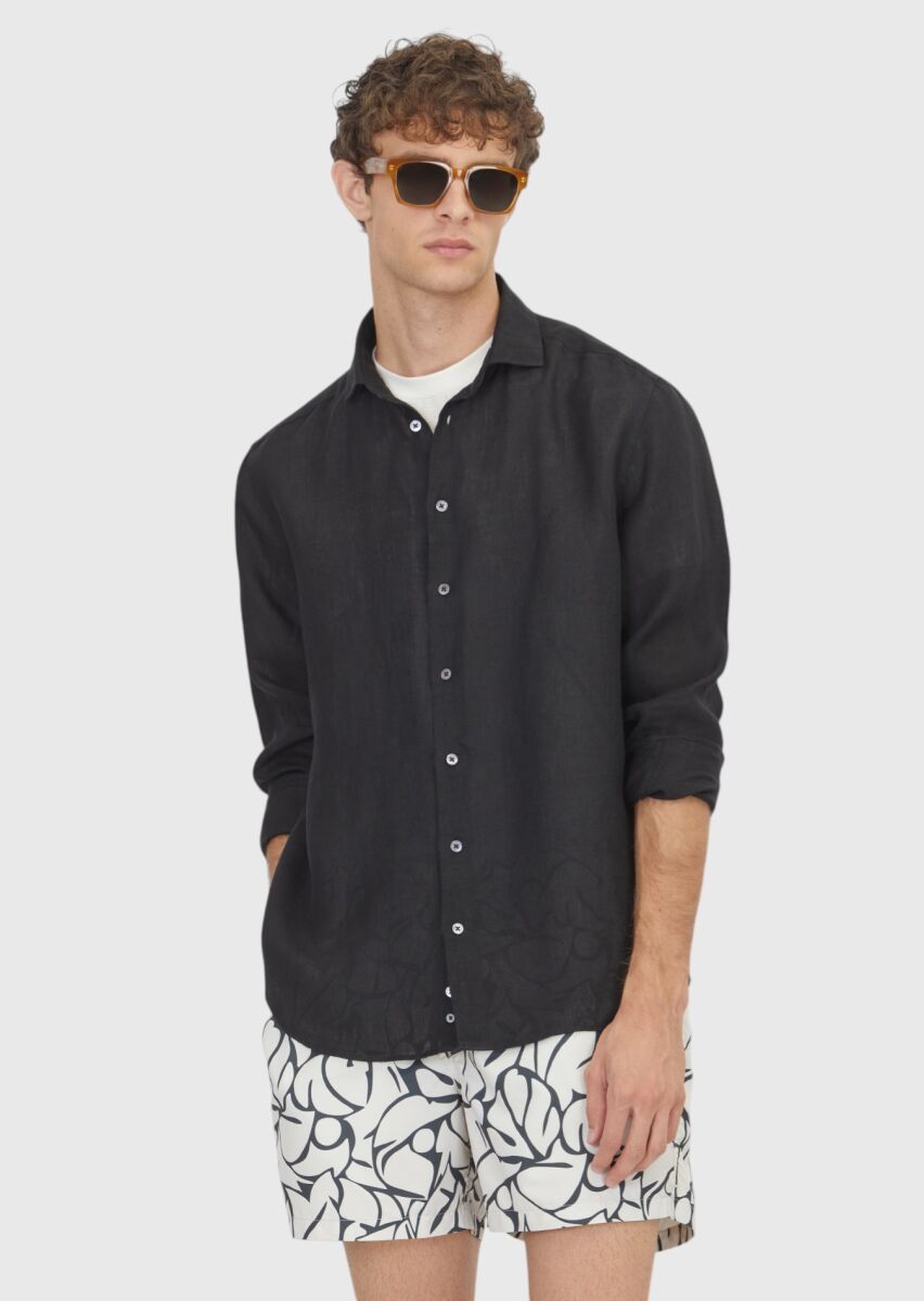 Black Plain Casual Fit Long Weaving Casual 100% Linen Shirt - 3