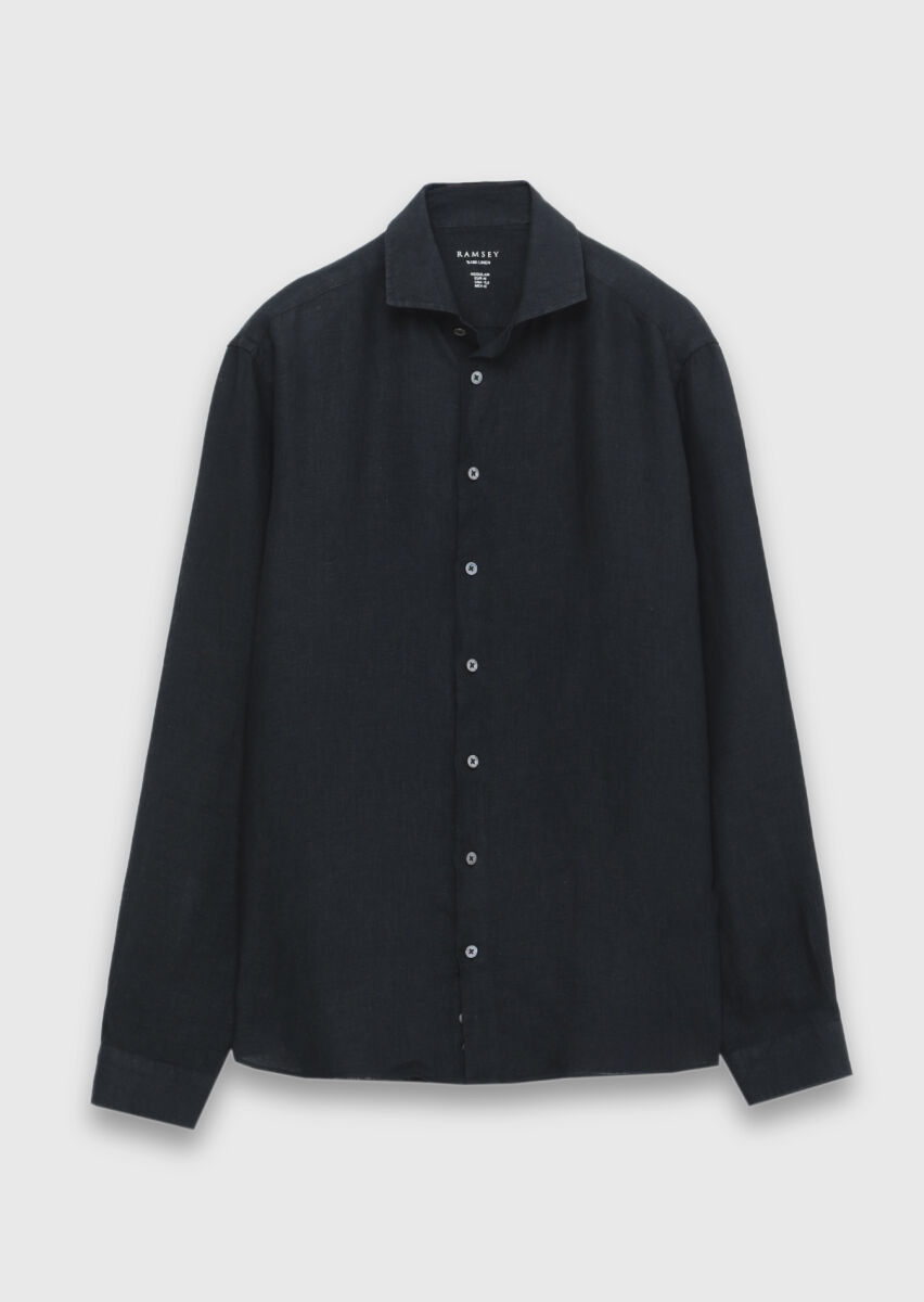 Black Plain Casual Fit Long Weaving Casual 100% Linen Shirt - 7