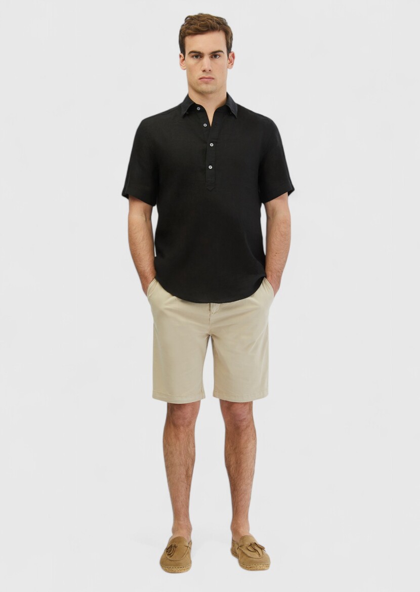 Black Plain Casual Fit Short Weaving Casual 100% Linen Shirt - RAMSEY