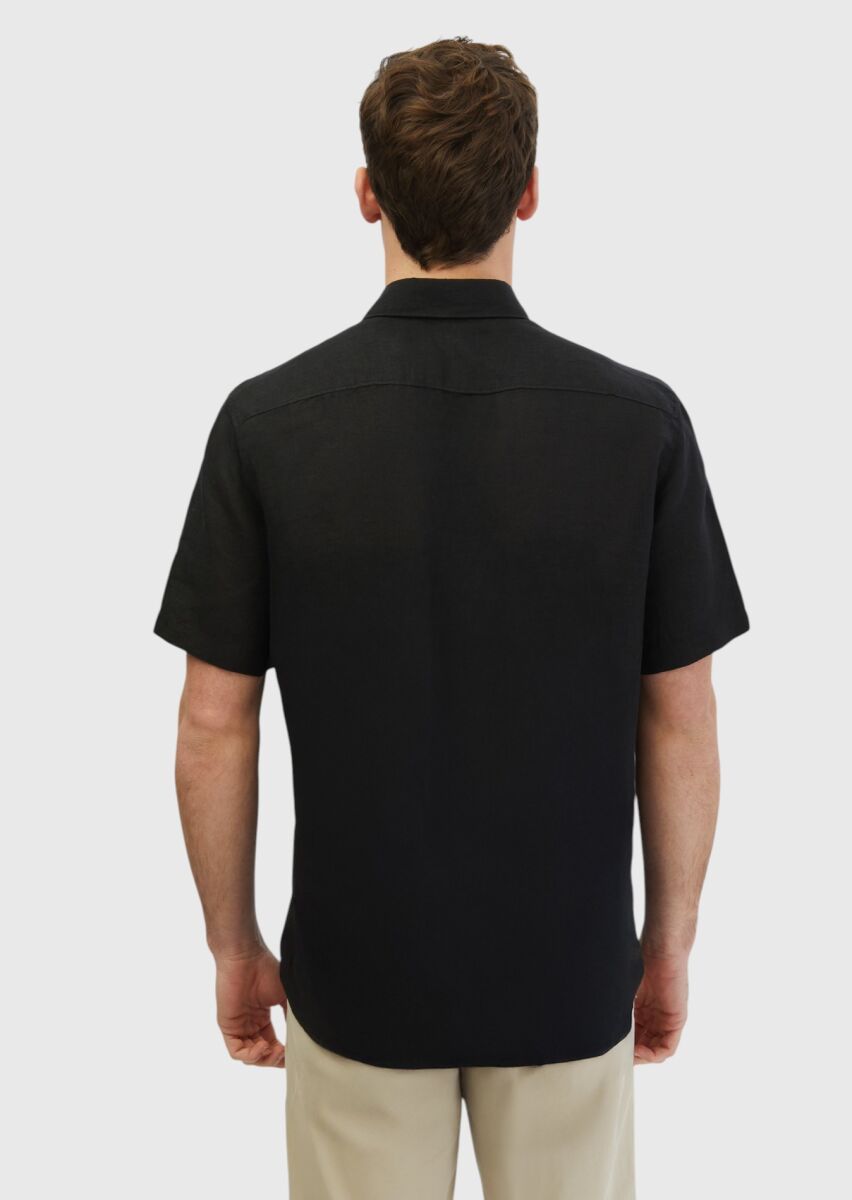 Black Plain Casual Fit Short Weaving Casual 100% Linen Shirt - 5