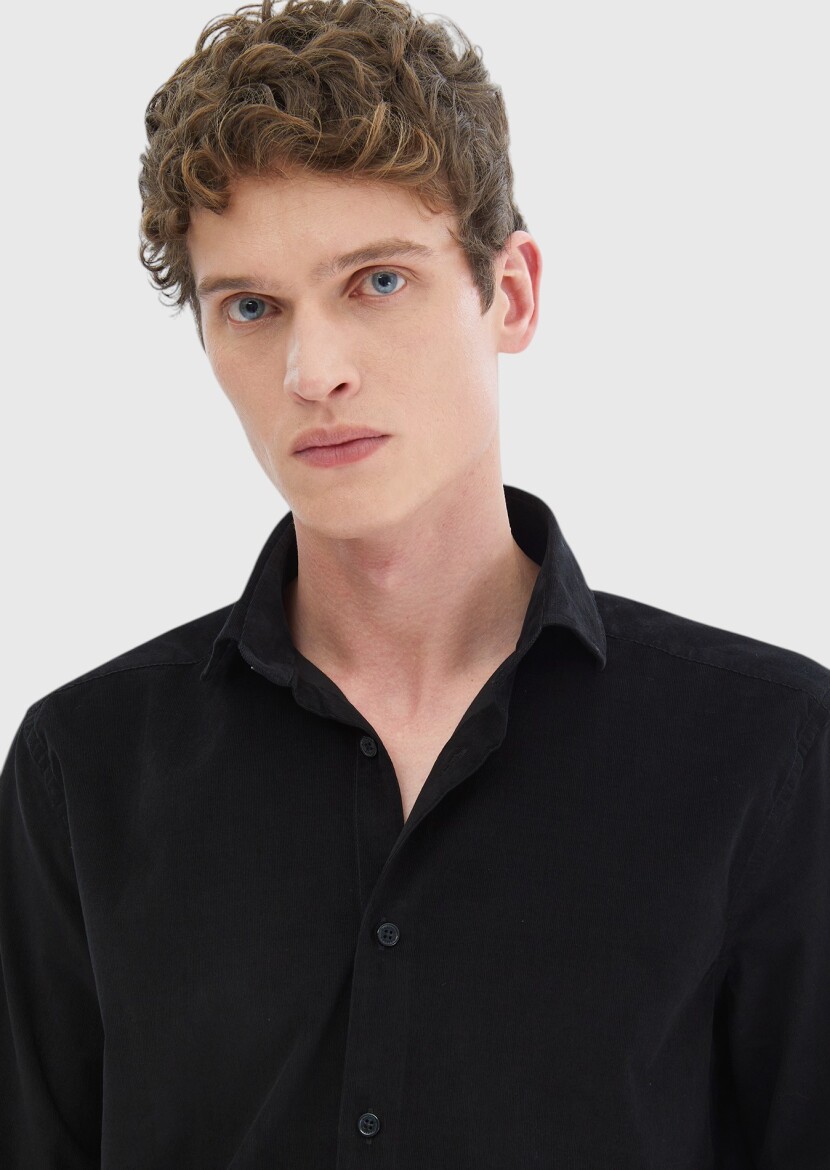 Black Plain Casual Fit Weaving Casual 100% Cotton Shirt - 4