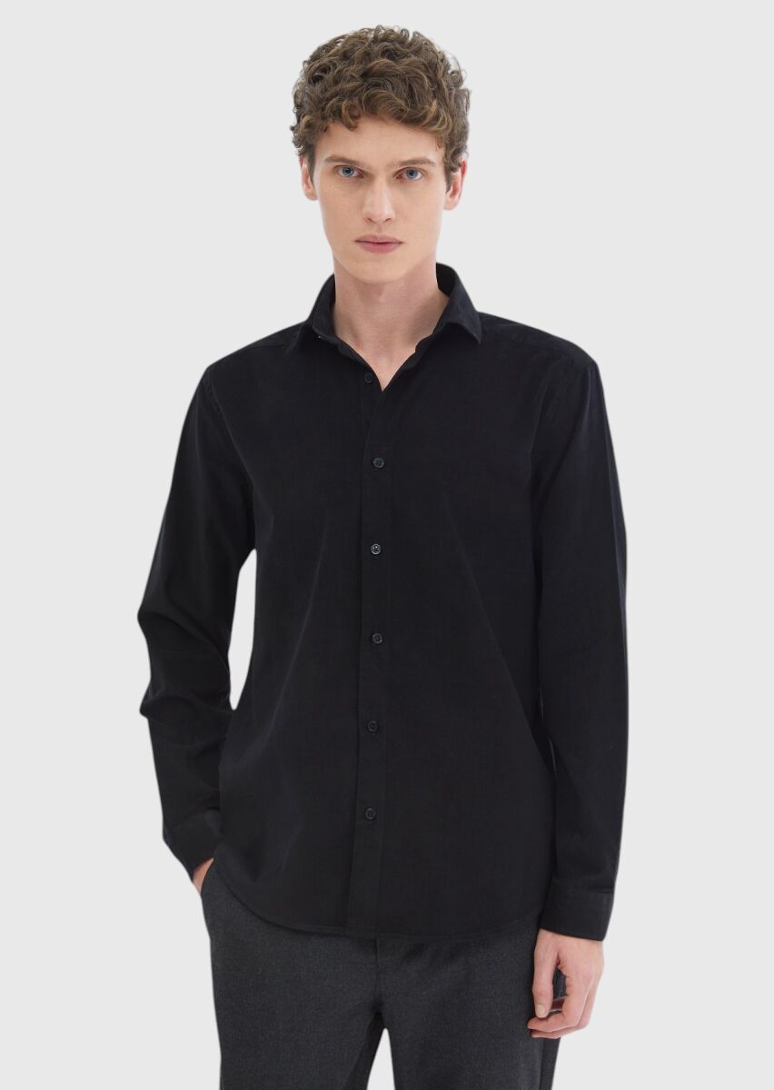 Black Plain Casual Fit Weaving Casual 100% Cotton Shirt - 3