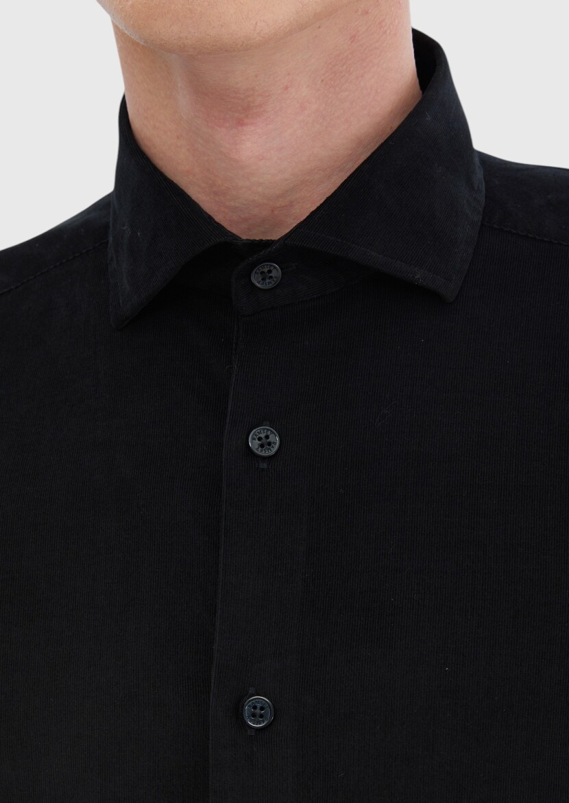 Black Plain Casual Fit Weaving Casual 100% Cotton Shirt - 5