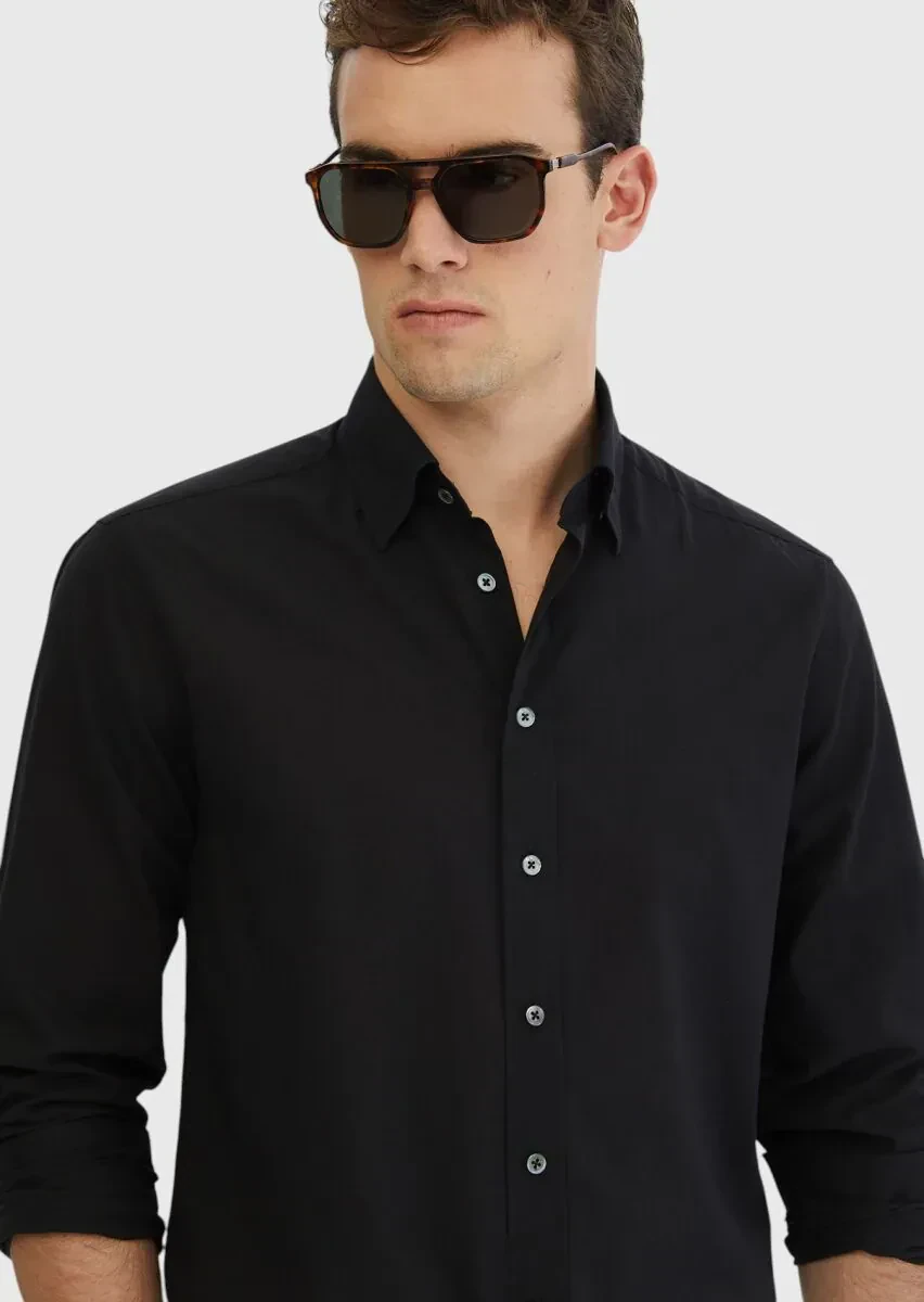 Black Plain Casual Fit Weaving Casual 100% Cotton Shirt - 3