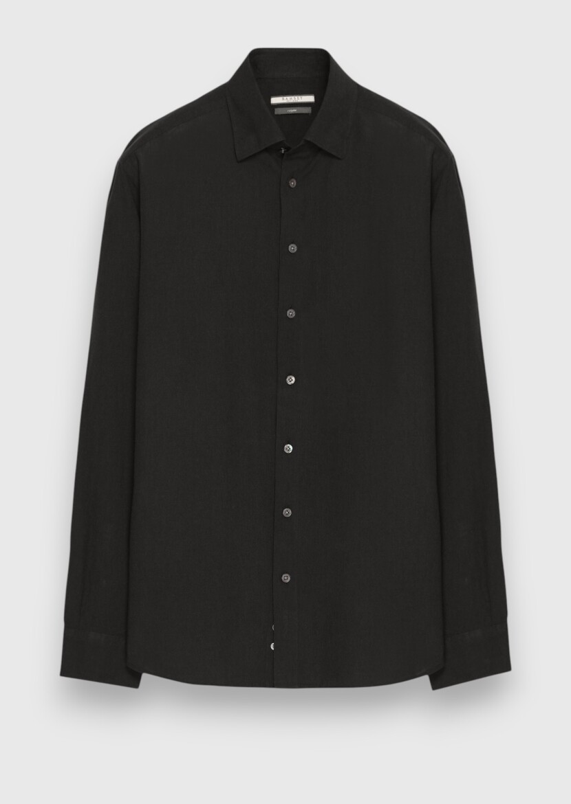 Black Plain Casual Fit Weaving Casual 100% Cotton Shirt - 6