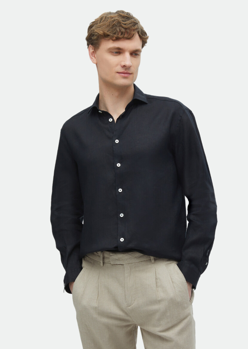 Black Plain Casual Fit Weaving Casual 100% Linen Shirt - RAMSEY