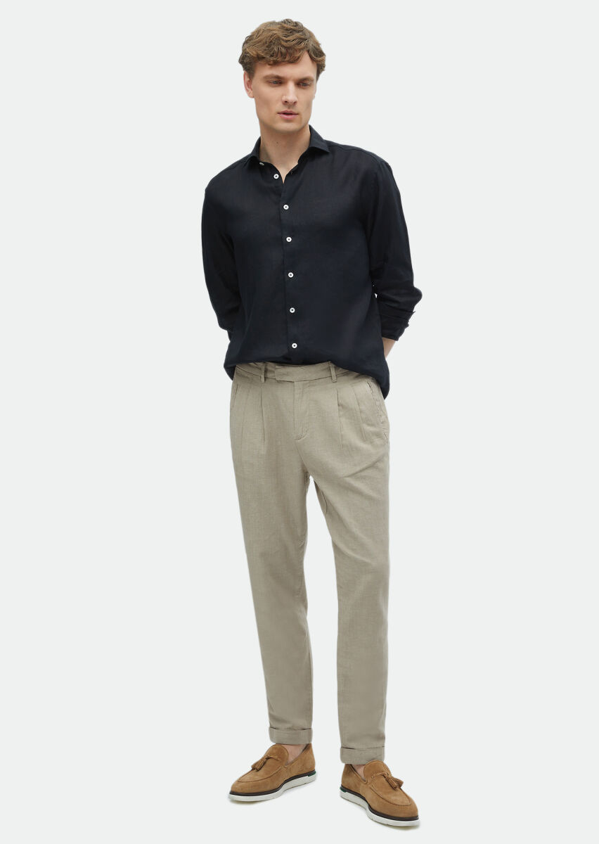 Black Plain Casual Fit Weaving Casual 100% Linen Shirt - 2