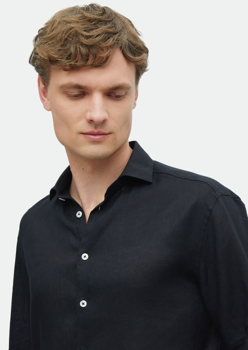 Black Plain Casual Fit Weaving Casual 100% Linen Shirt - 3