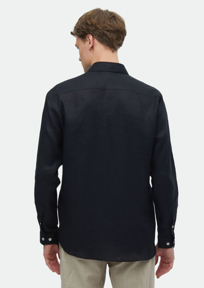Black Plain Casual Fit Weaving Casual 100% Linen Shirt - 6