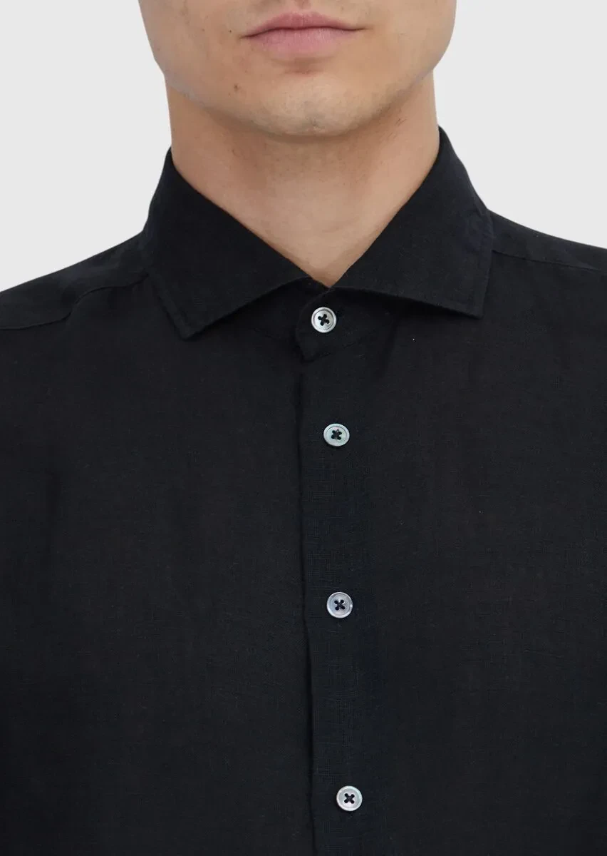Black Plain Casual Fit Weaving Casual 100% Linen Shirt - 4