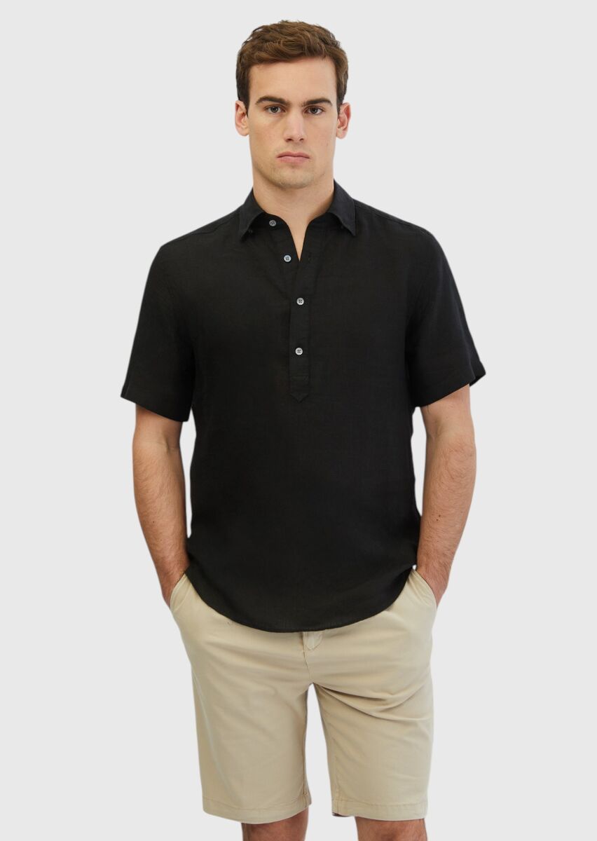 Black Plain Casual Fit Weaving Casual 100% Linen Shirt - 1
