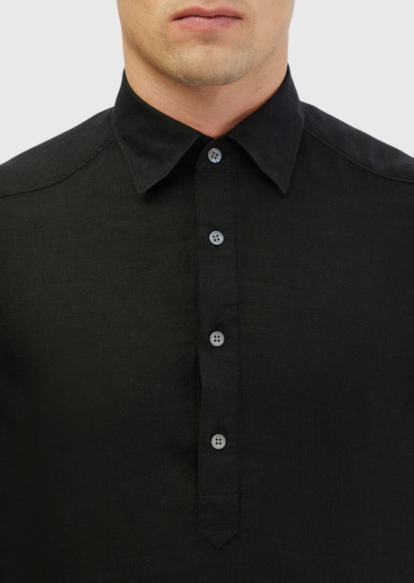 Black Plain Casual Fit Weaving Casual 100% Linen Shirt - 4