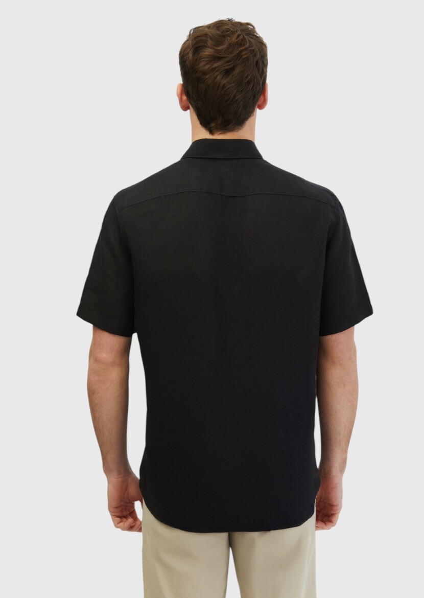 Black Plain Casual Fit Weaving Casual 100% Linen Shirt - 5