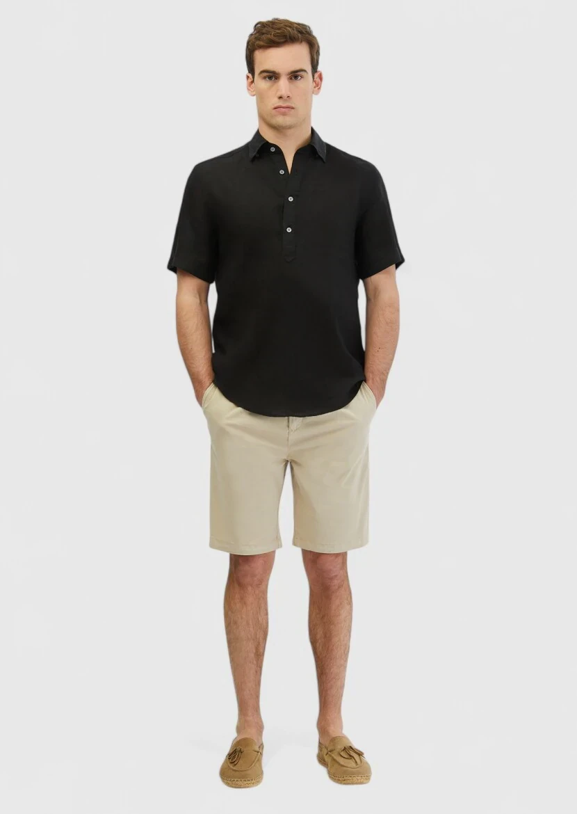 Black Plain Casual Fit Weaving Casual 100% Linen Shirt 