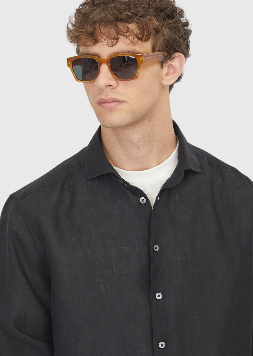 Black Plain Casual Fit Weaving Casual 100% Linen Shirt - 4