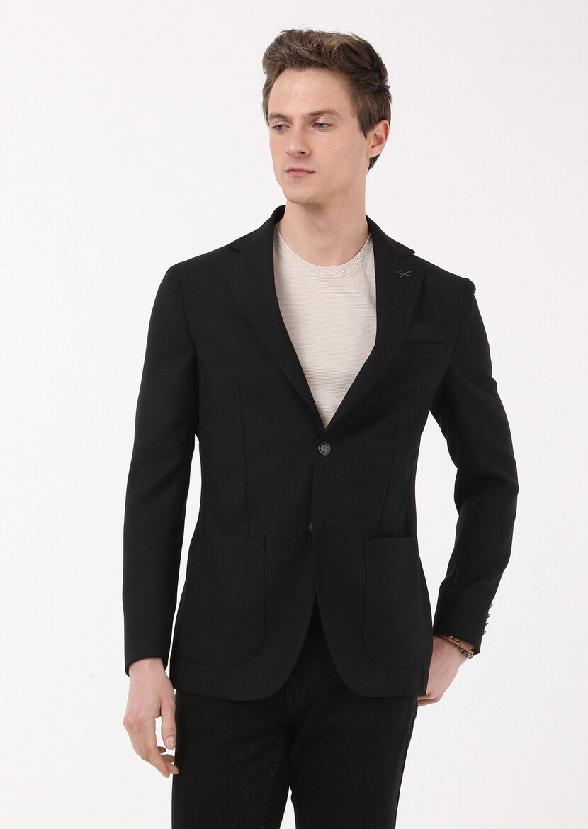 Black Plain Comfort Fit 100% Wool Jacket - 1