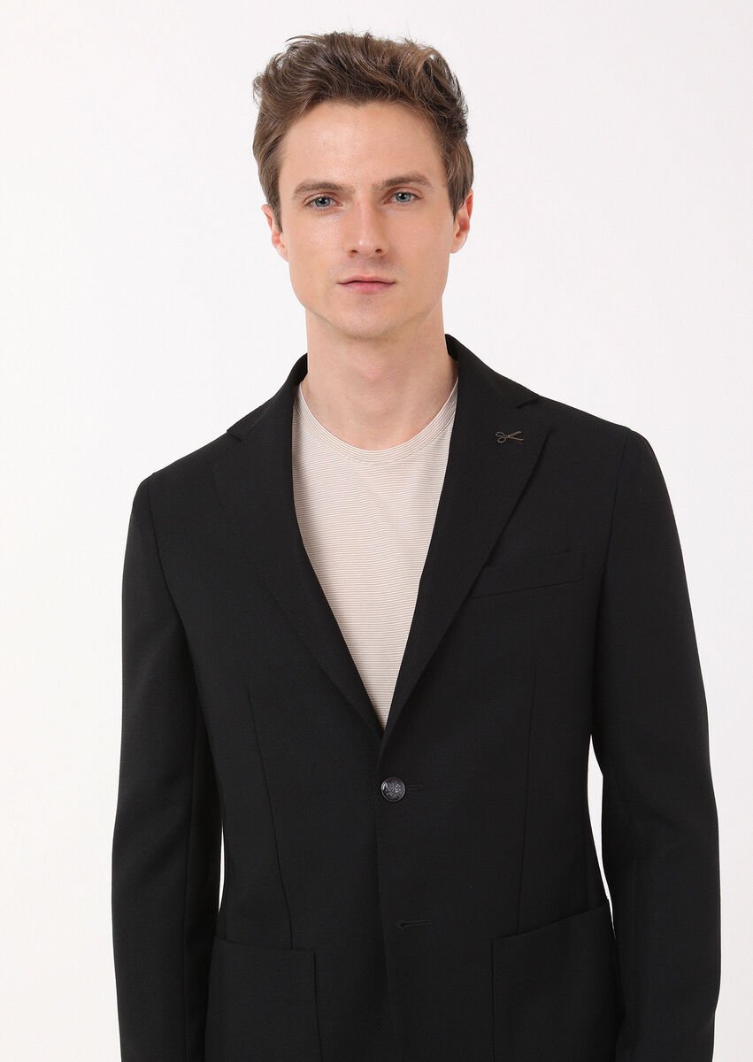 Black Plain Comfort Fit 100% Wool Jacket - 2