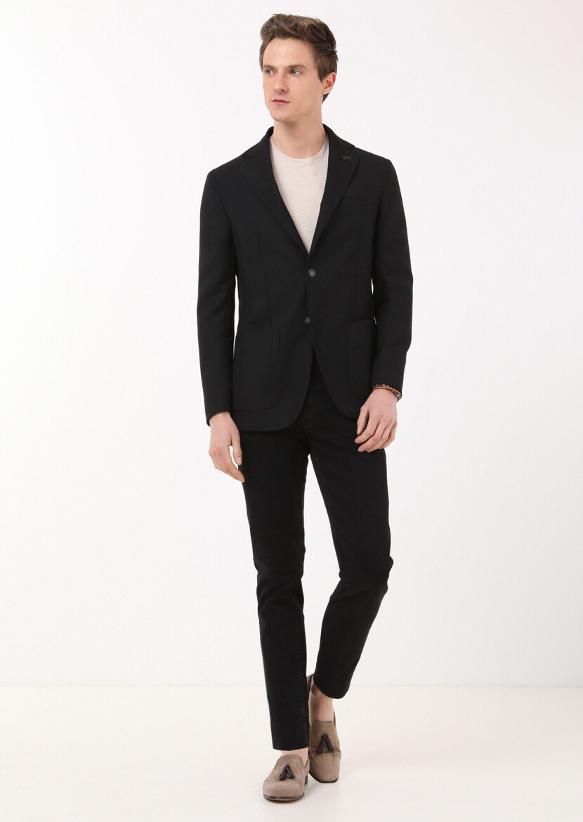 Black Plain Comfort Fit 100% Wool Jacket - 3