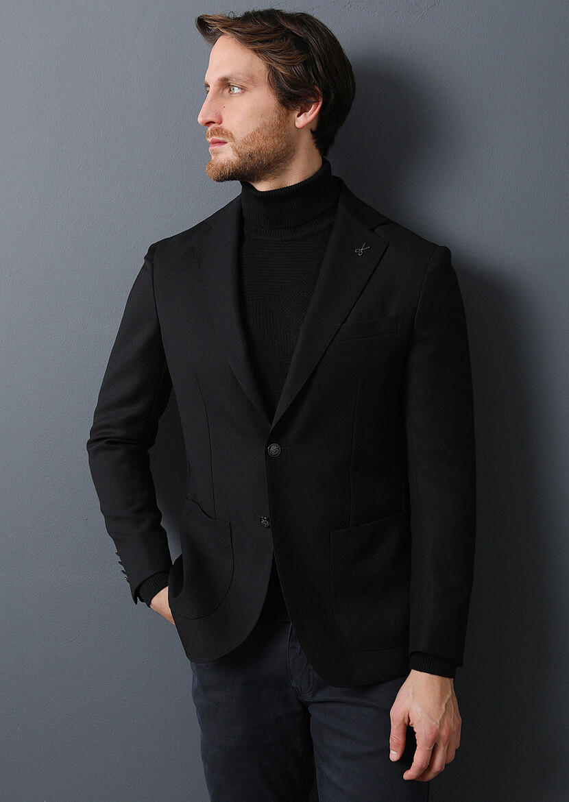 Black Plain Comfort Fit 100% Wool Jacket - 1